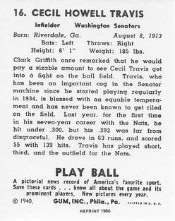 1986 1940 Play Ball (Reprint) #16 Cecil Travis Back