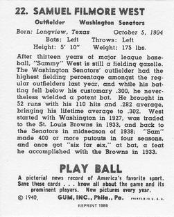 1986 1940 Play Ball (Reprint) #22 Sam West Back