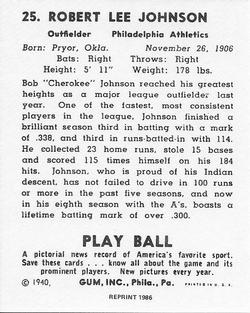1986 1940 Play Ball (Reprint) #25 Bob Johnson Back