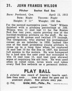 1986 1940 Play Ball (Reprint) #31 Jack Wilson Back