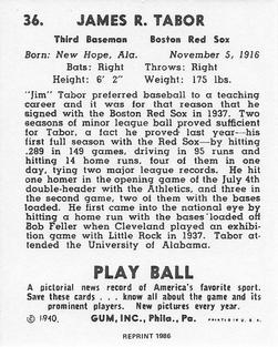 1986 1940 Play Ball (Reprint) #36 Jim Tabor Back