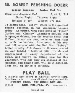 1986 1940 Play Ball (Reprint) #38 Bobby Doerr Back