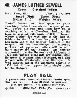 1986 1940 Play Ball (Reprint) #48 Luke Sewell Back