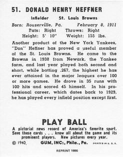 1986 1940 Play Ball (Reprint) #51 Don Heffner Back