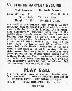 1986 1940 Play Ball (Reprint) #53 George McQuinn Back