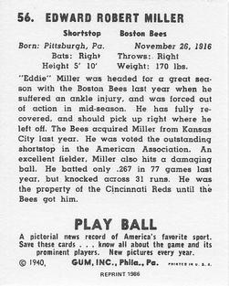 1986 1940 Play Ball (Reprint) #56 Eddie Miller Back