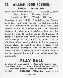 1986 1940 Play Ball (Reprint) #58 Bill Posedel Back
