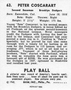 1986 1940 Play Ball (Reprint) #63 Pete Coscarart Back