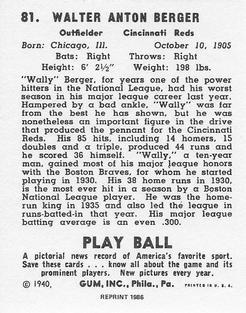 1986 1940 Play Ball (Reprint) #81 Wally Berger Back