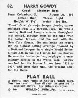 1986 1940 Play Ball (Reprint) #82 Hank Gowdy Back
