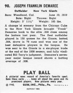 1986 1940 Play Ball (Reprint) #90 Frank Demaree Back