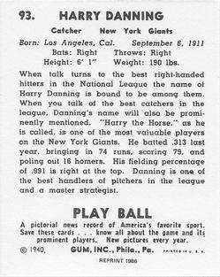 1986 1940 Play Ball (Reprint) #93 Harry Danning Back