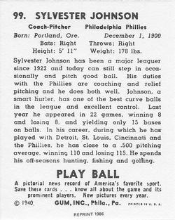 1986 1940 Play Ball (Reprint) #99 Syl Johnson Back