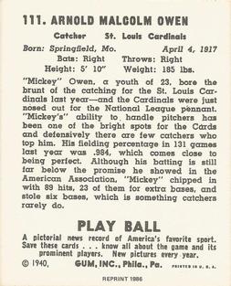 1986 1940 Play Ball (Reprint) #111 Mickey Owen Back