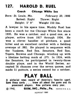 1986 1940 Play Ball (Reprint) #127 Muddy Ruel Back