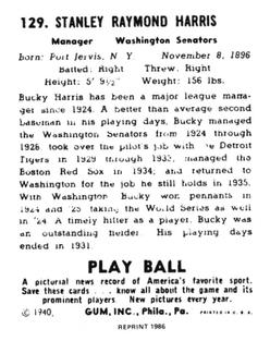 1986 1940 Play Ball (Reprint) #129 Bucky Harris Back