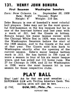 1986 1940 Play Ball (Reprint) #131 Zeke Bonura Back