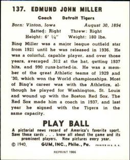 1986 1940 Play Ball (Reprint) #137 Bing Miller Back