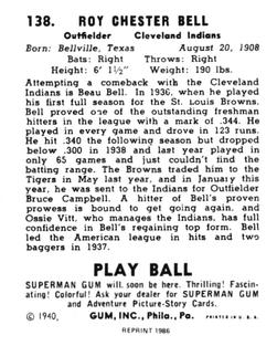 1986 1940 Play Ball (Reprint) #138 Beau Bell Back