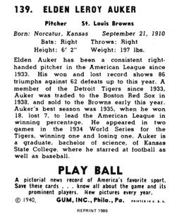 1986 1940 Play Ball (Reprint) #139 Elden Auker Back
