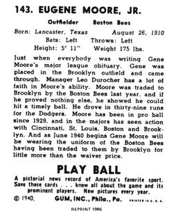 1986 1940 Play Ball (Reprint) #143 Gene Moore Back