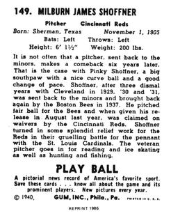 1986 1940 Play Ball (Reprint) #149 Milburn Shoffner Back