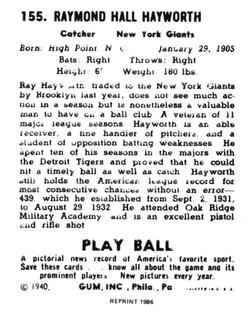 1986 1940 Play Ball (Reprint) #155 Ray Hayworth Back
