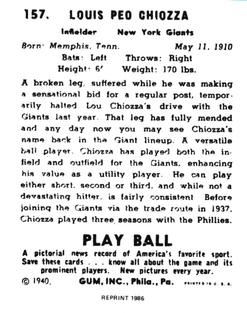 1986 1940 Play Ball (Reprint) #157 Lou Chiozza Back