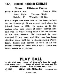 1986 1940 Play Ball (Reprint) #165 Bob Klinger Back