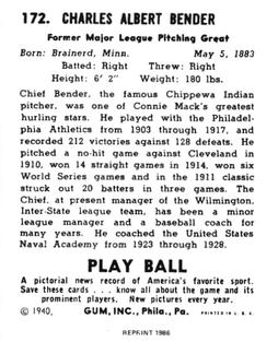 1986 1940 Play Ball (Reprint) #172 Chief Bender Back
