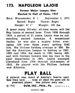1986 1940 Play Ball (Reprint) #173 Nap Lajoie Back