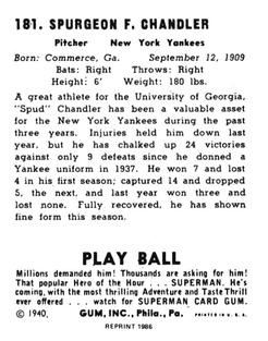 1986 1940 Play Ball (Reprint) #181 Spud Chandler Back