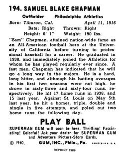 1986 1940 Play Ball (Reprint) #194 Sam Chapman Back
