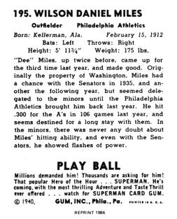 1986 1940 Play Ball (Reprint) #195 Dee Miles Back