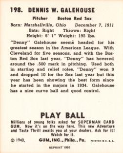 1986 1940 Play Ball (Reprint) #198 Denny Galehouse Back