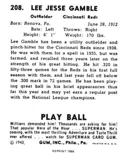 1986 1940 Play Ball (Reprint) #208 Lee Gamble Back