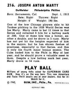 1986 1940 Play Ball (Reprint) #216 Joe Marty Back