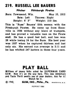 1986 1940 Play Ball (Reprint) #219 Russ Bauers Back