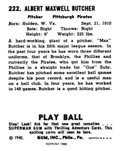1986 1940 Play Ball (Reprint) #222 Max Butcher Back