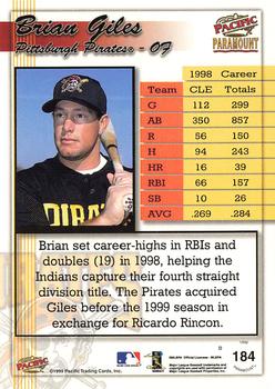 1999 Pacific Paramount #184 Brian Giles Back