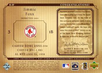 2001 Upper Deck Hall of Famers - Game-Used Bats #B-JF Jimmie Foxx  Back