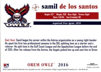 2016 Grandstand Orem Owlz #NNO Samil De Los Santos Back