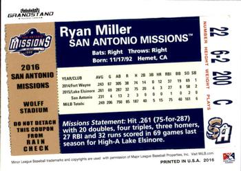 2016 Grandstand San Antonio Missions #NNO Ryan Miller Back
