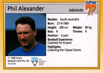 1992 Futera Pepsi ABL Clipsal Giants #12 Phil Alexander Back