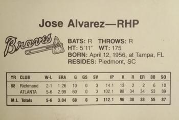 1989 Dubuque Atlanta Braves #NNO Jose Alvarez Back