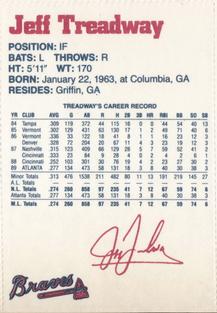 1990 Dubuque Atlanta Braves 25th Anniversary Perforated #15 Jeff Treadway Back