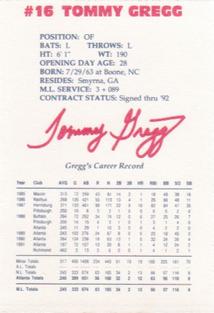 1992 Lykes Atlanta Braves Perforated #NNO Tommy Gregg Back
