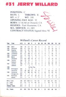 1992 Lykes Atlanta Braves Perforated #NNO Jerry Willard Back