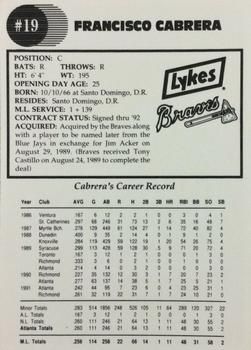 1992 Lykes Atlanta Braves #NNO Francisco Cabrera Back