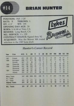 1992 Lykes Atlanta Braves #NNO Brian Hunter Back